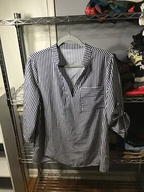 SHEIN Navy and White Vertical Stripe V-Neck Roll-Tab Blouse
